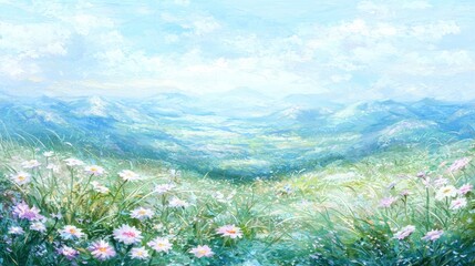 Mountain valley flowers, idyllic landscape painting, serene scene, possible use for wallpaper or greeting card