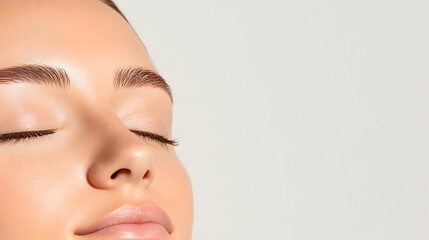 Fototapeta premium Serene woman face with closed eyes, peaceful and calm for beauty product ads, skincare blogs and meditation app