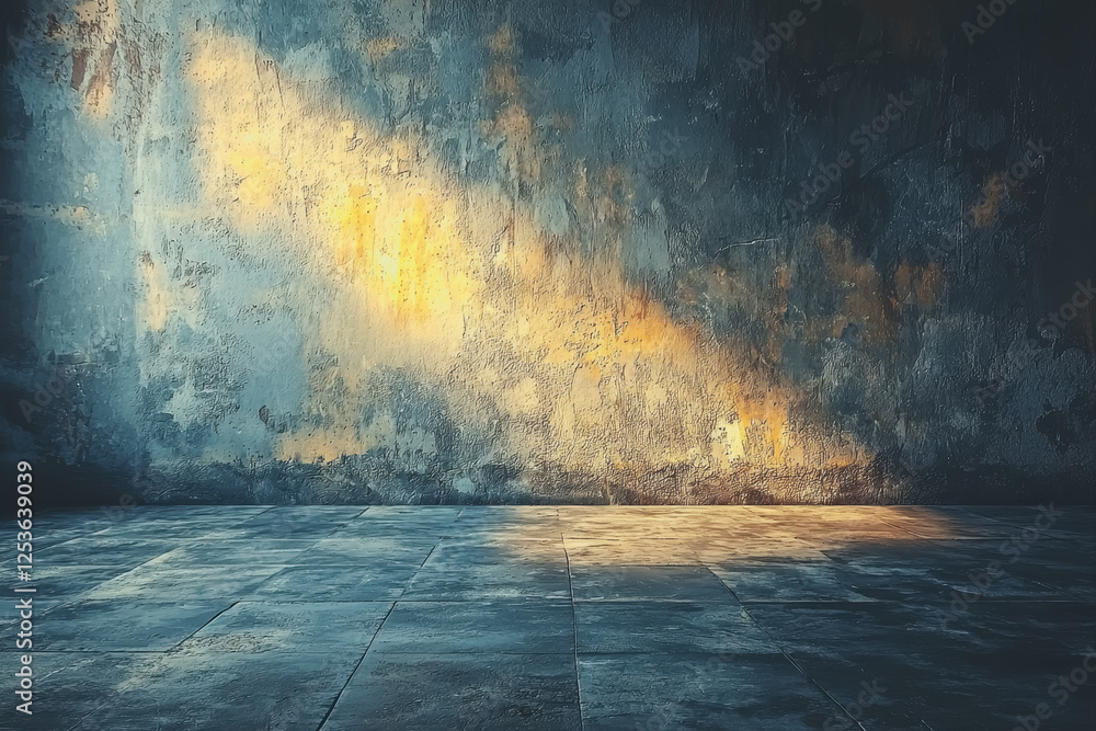 Poster dark room with concrete floor illuminated by bright ceiling light source creating dramatic shadows