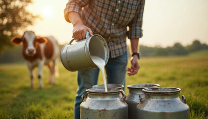 Farmer pours milk into can, in the background of a meadow with a cow