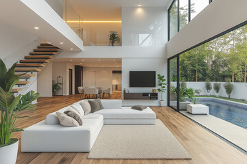 Photographie immobilière d'un salon moderne spacieux avec canapé d’angle et centre multimédia minimaliste