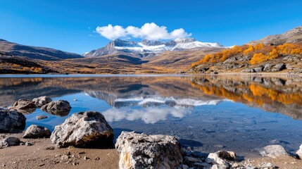 Autumnal lake reflects snow-capped mountains; tranquil scene (1)