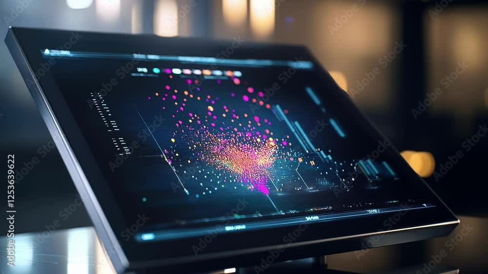 Fototapete high tech screen displaying dynamic data analysis with colorful particle effects and intricate graph