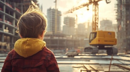 Fototapeta premium Childhood Wonder at Construction Site with Crane and Cityscape Background