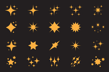 Shine or sparkle vector retro set on black background. Shine icon.  Collection of star shapes in golden color. Y2k abstract signs. Vector illustration.

