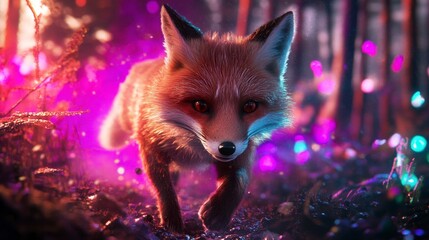 Neon Fox in Enchanted Forest, a vibrant fox dashes through a glowing, colorful woodland filled with luminous flora and surreal light.