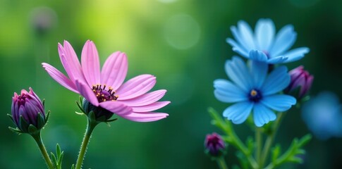 Fototapeta premium soft pink and blue hues of cornflower flowers against a green leafy background, plant, floral