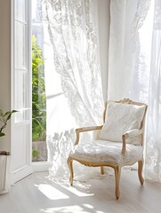 A bright, sunlit vintage apartment with lace curtains, a delicate armchair, and a white frame.