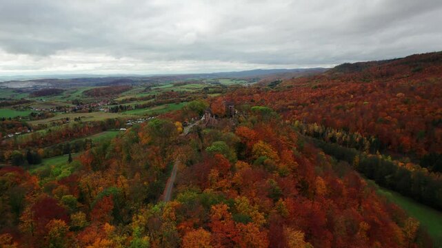 Aerial view ruins of old castle. Ruin of Hohnstein Castle, Harz mountains, Germany.