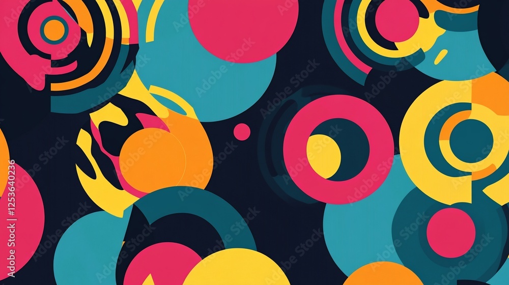 Poster abstract geometric composition of colorful circles and arcs on a dark background