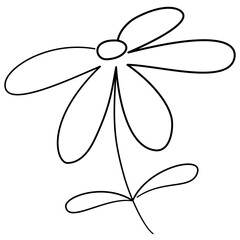 Simple Floral Line Drawing with Single Bloom. Minimalist doodle vector black and white line art illustration of single flower with a curved stem.