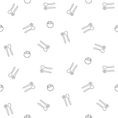 kitchenware outline, spoon and rice ornament seamless pattern. Kitchen doodle print on white background. 