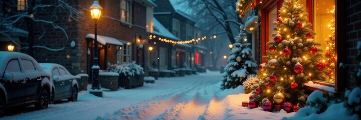 Twinkling lights and colorful ornaments reflect off the snow-covered windowpane of a quaint holiday shopfront with a decorated Christmas tree, , festive