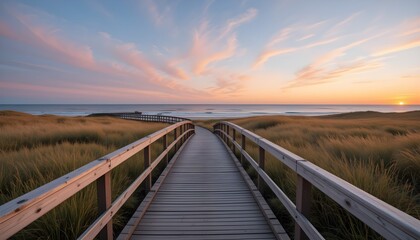 Naklejka premium A peaceful wooden boardwalk leading through lush coastal dunes to the ocean, with a stunning sunset sky. Perfect for travel, relaxation, and nature themes.