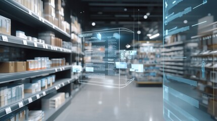 Obraz premium Futuristic Warehouse Inventory Management with Transparent Digital Display