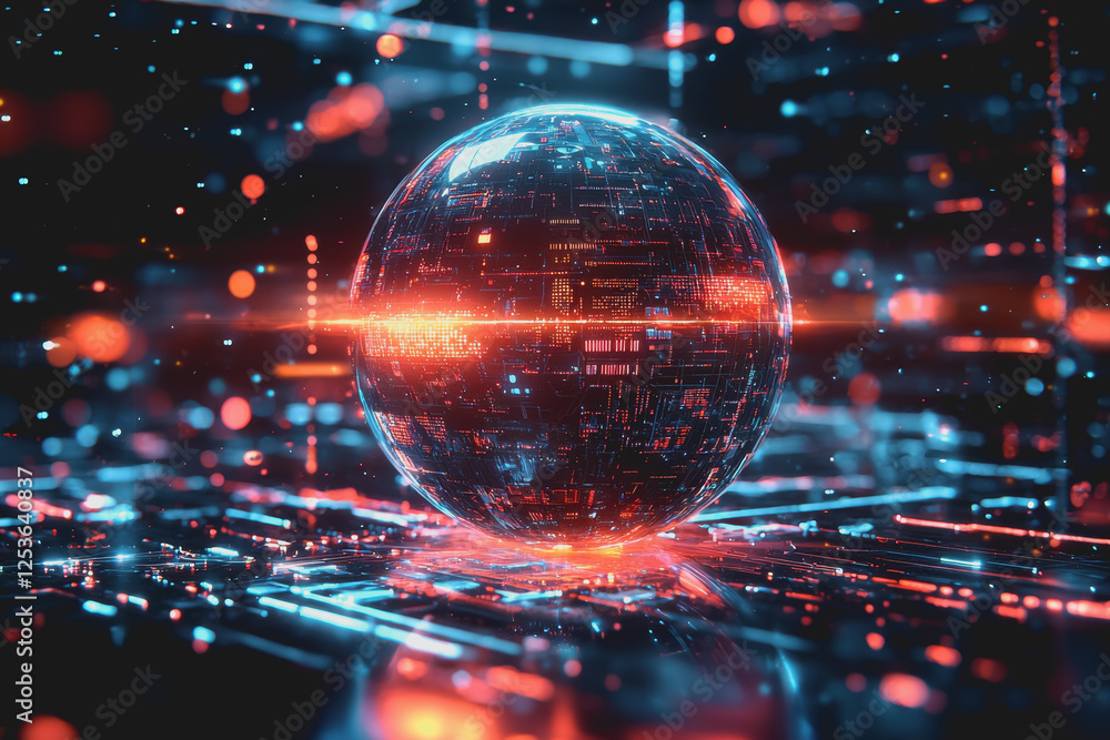 Aufkleber sphere illuminated by a red light casting shadows and reflections on a dark surface