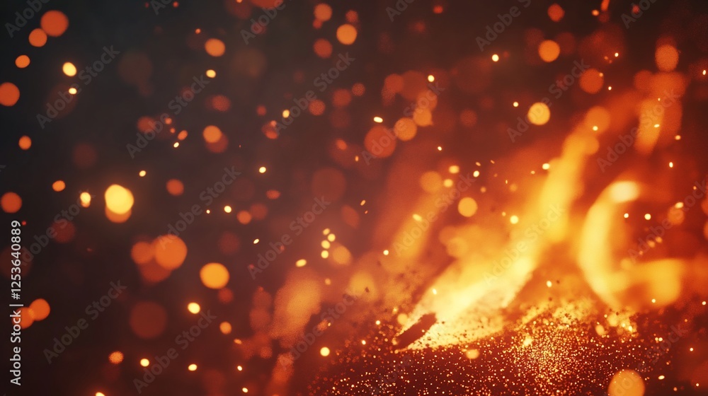 Poster abstract image of warm colored glowing embers and floating particles against a dark background