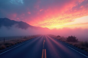 Fototapeta premium Swirling misty fog over a deserted road at dusk, abstract, mist, swirling