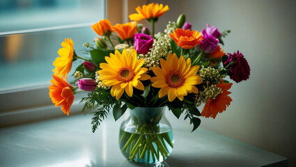 A cheerful arrangement of yellow sunflowers and mixed flowers in a vase by a window