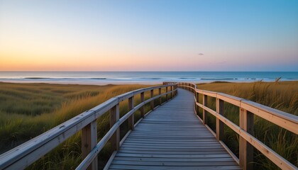 Fototapeta premium A peaceful wooden boardwalk leading through lush coastal dunes to the ocean, with a stunning sunset sky. Perfect for travel, relaxation, and nature themes.