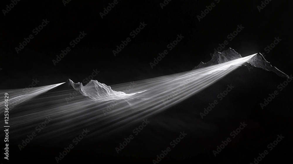 Poster long streaks of white light extend over abstract mountain peaks in a dark scene creating a futuristi