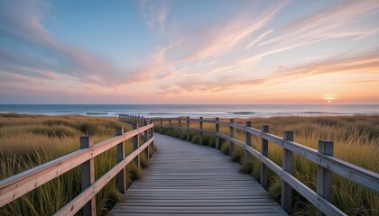 A peaceful wooden boardwalk leading through lush coastal dunes to the ocean, with a stunning sunset sky. Perfect for travel, relaxation, and nature themes.