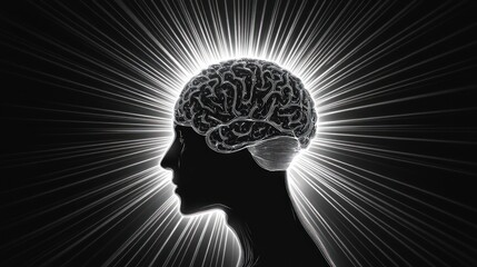 Obraz premium Human head with brain illuminated, showcasing enlightenment, conceptual image, possible use for inspiration, education, or psychology