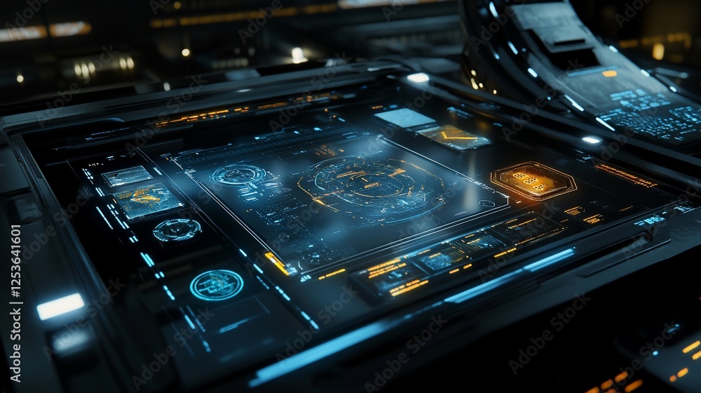 Poster futuristic cockpit control panel with intricate holographic displays and advanced ui