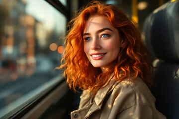 young redhead woman sitting on a bus by the window looks outside and smiles