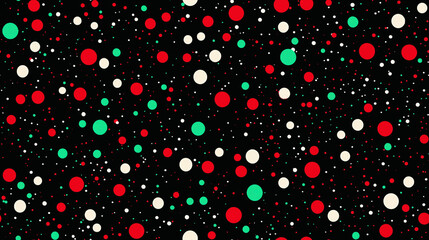 A seamless pattern of red and green particles on a black background, with small white dots and larger red ones scattered randomly, centered on the screen