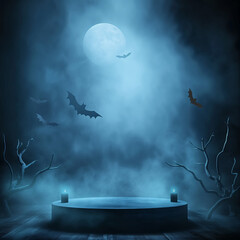 Spooky Halloween podium with full moon, bats, and mist