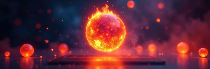 Glowing fireballs suspended in the air above a TV, balls, colorful, fire