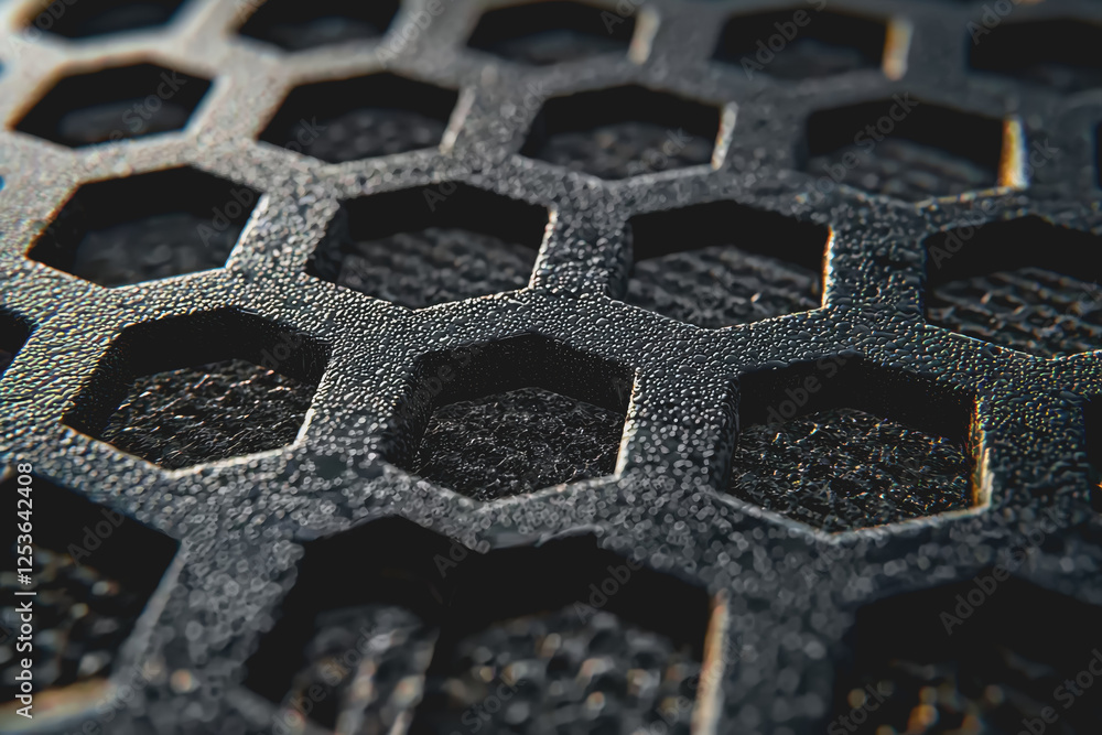 Poster close up of a black and white hexagon pattern with distinct geometric shapes and lines
