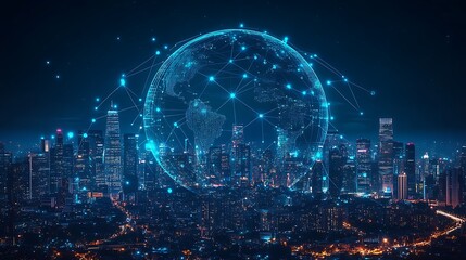 Futuristic Cityscape with Digital Globe Overlay