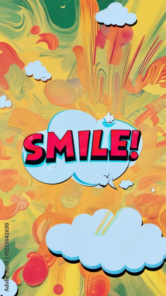 Poster A colorful background with a large smiley face and the word 