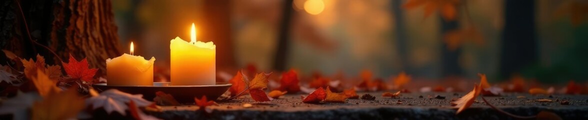Flickering candlelight amidst autumnal foliage, peaceful, fall
