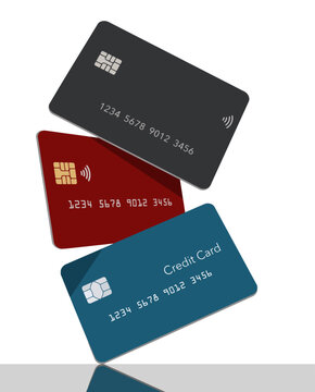 Three generic mock credit cards or debit cards are seen balancing on one another in this vector illustration about banking, finance and business.

