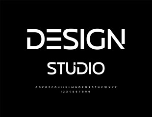 Vector Modern emblem Design Studio. Exclusive White Font. Typography Urban Alphabet Letters and Numbers.