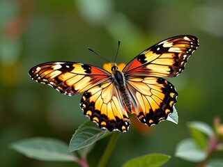 Naklejka premium Stunning Orange and Black Butterfly on Green Leaves Closeup Nature Photography