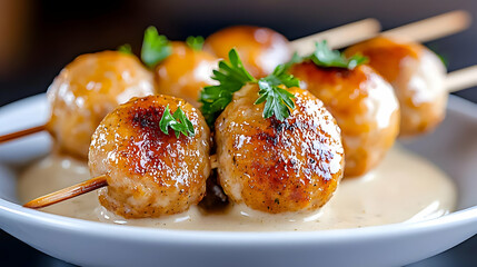 Grilled meatballs with creamy sauce, close-up