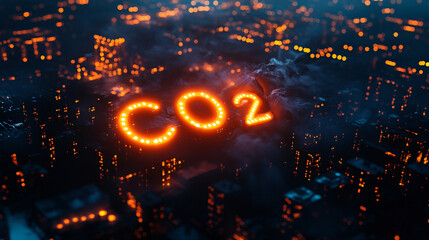 A striking aerial view of a cityscape at night, with glowing lights forming the letters "CO2," highlighting environmental awareness and pollution.