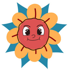 Retro doodle daisy flower illustration with abstract pattern and cheerful face