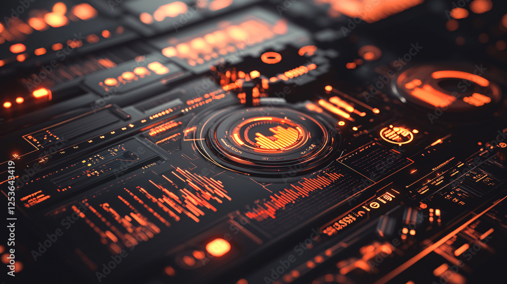 Poster a futuristic interface featuring vibrant orange and black elements, showcasing data visualization in