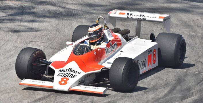 Long Beach, CA - April 15, 2023: The M30 McLaren at the Long Beach Grand Prix, driven by Alain Prost in the 1980 F1 season.