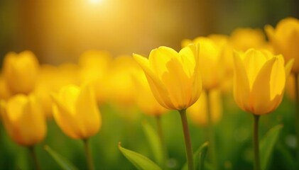 Obraz premium A bed of yellow tulips bask in the warmth and light of the sun, sunshine, bright