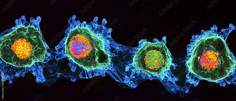 Poster a vibrant image depicting four colorful cells, showcasing their distinct structures and interactions
