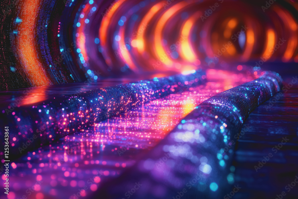 Poster tunnel with colorful lights creating an illuminated pathway for transportation and exploration