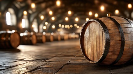 A barrel of wine is sitting on the floor in a dimly lit room