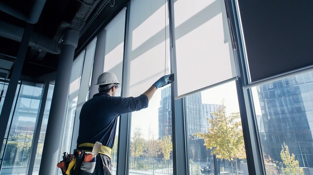 Worker installing roller blinds on a large window with urban view, inside a building