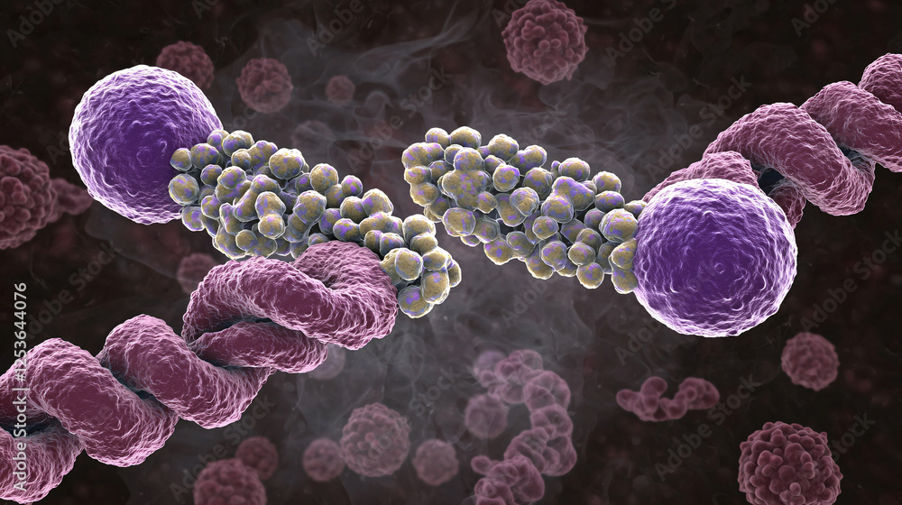 Poster the image depicts a close-up of molecular structures, showcasing the interaction between cells and g